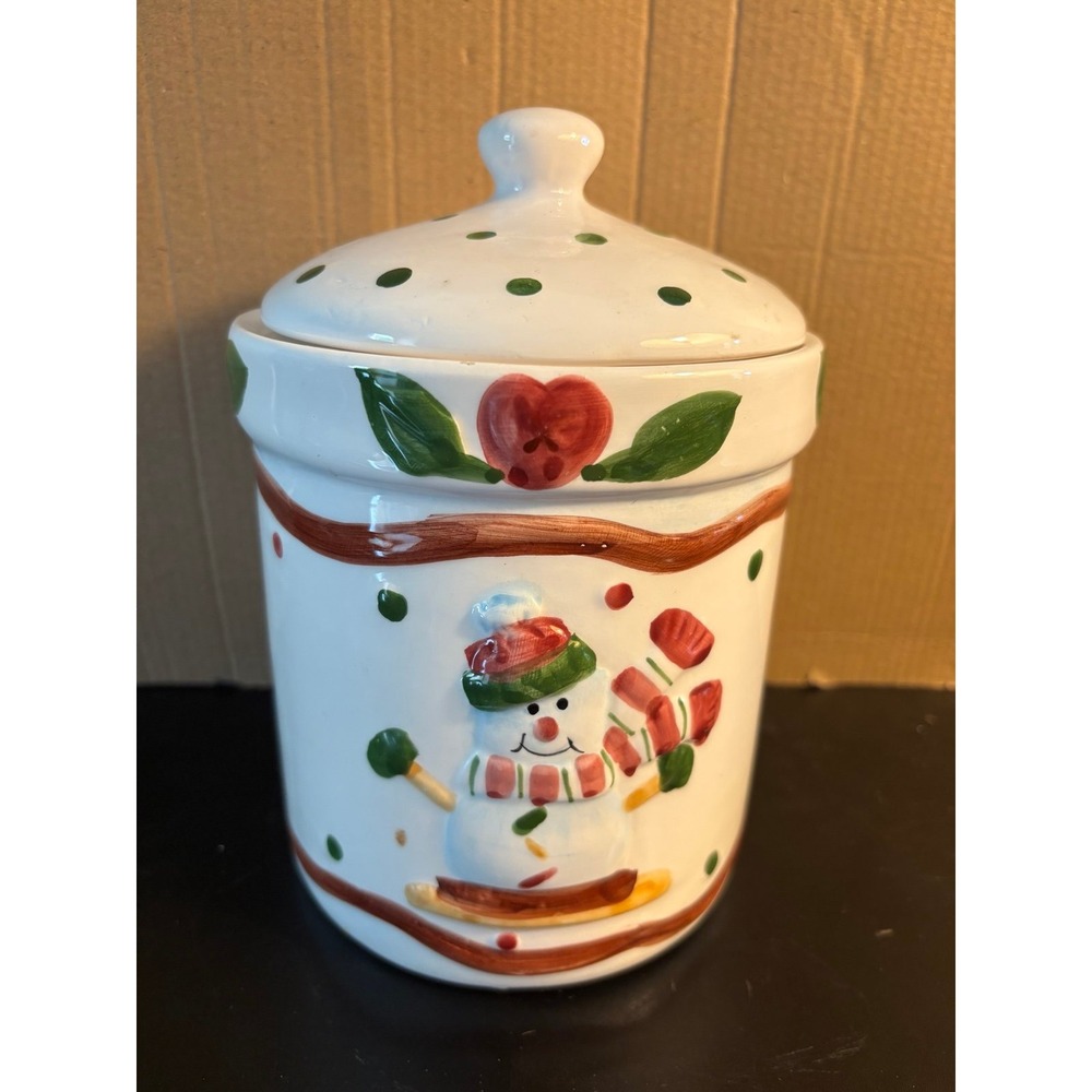 Heritage Pottery Christmas Snowman Cookie Treat Candy Jar w Lid Holiday